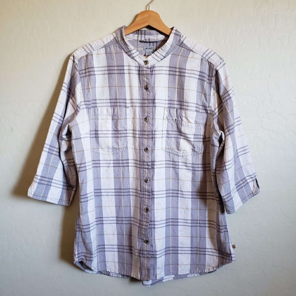 Carhartt Midweight 3/4 Sleeve Plaid Shirt Button Front Gull Grey Size Women's XL
